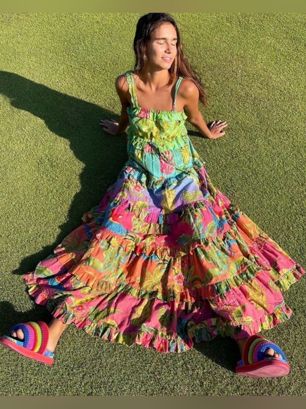 FARM Rio Rainbow Crochet Strap Slide Sandals in Pink, Green, Blue, Orange - Picture 4 of 8